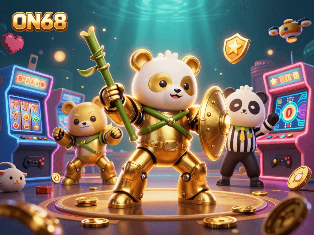 Spin the reels at ON68 with the golden panda piloting a fighting robot in an exciting casino action scene.