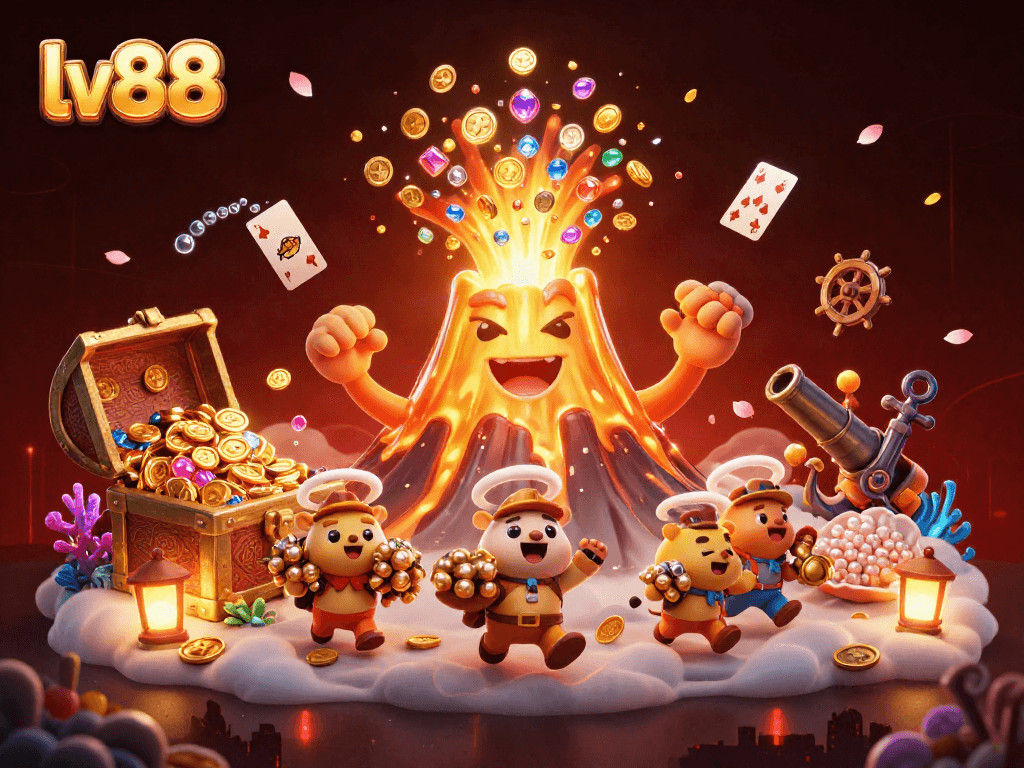 Engage with lv88 gaming excitement as a golden volcano erupts treasures, creating a thrilling casino scene.