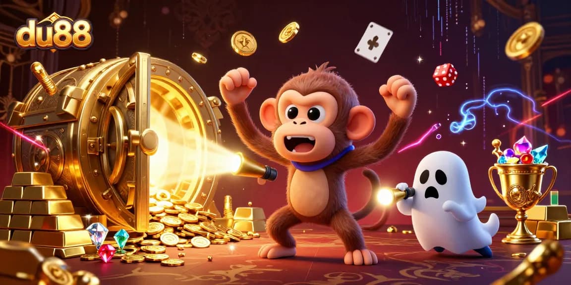 Engage with du88's haunted casino through this mischievous ghostly scene filled with gold treasures.