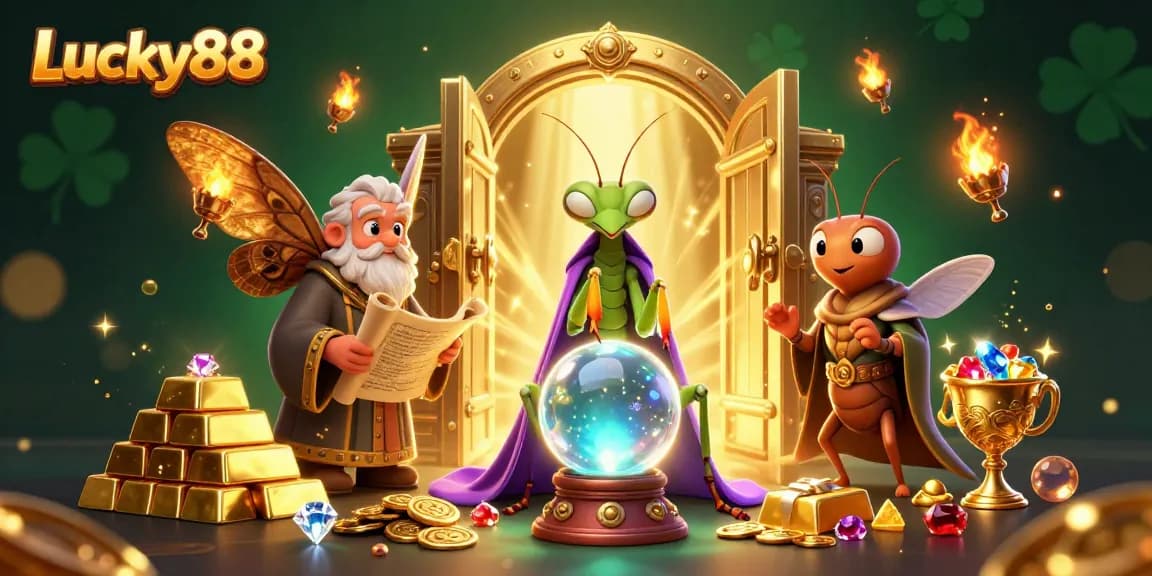 Experience the thrill of Lucky88 with a magical scene featuring fortune teller characters and treasure elements.