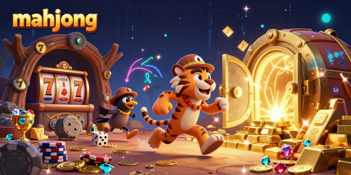 Experience the thrill of mahjong in a dynamic casino scene with animated characters and vibrant treasures.