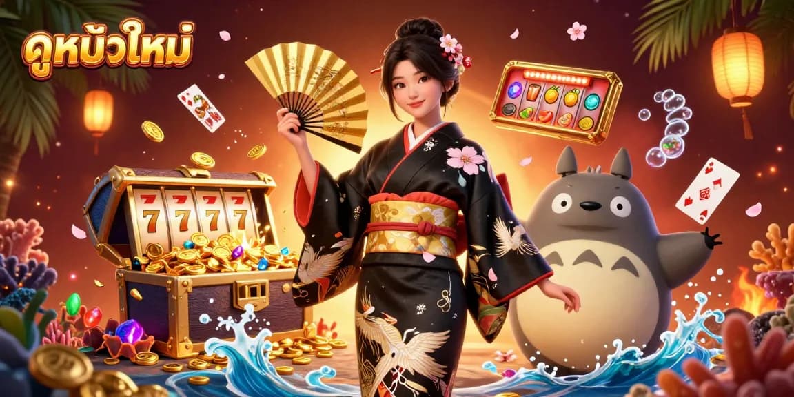 Experience the excitement of ดูหนังใหม่ at the casino with a beautifully illustrated Asian woman and rich game elements.