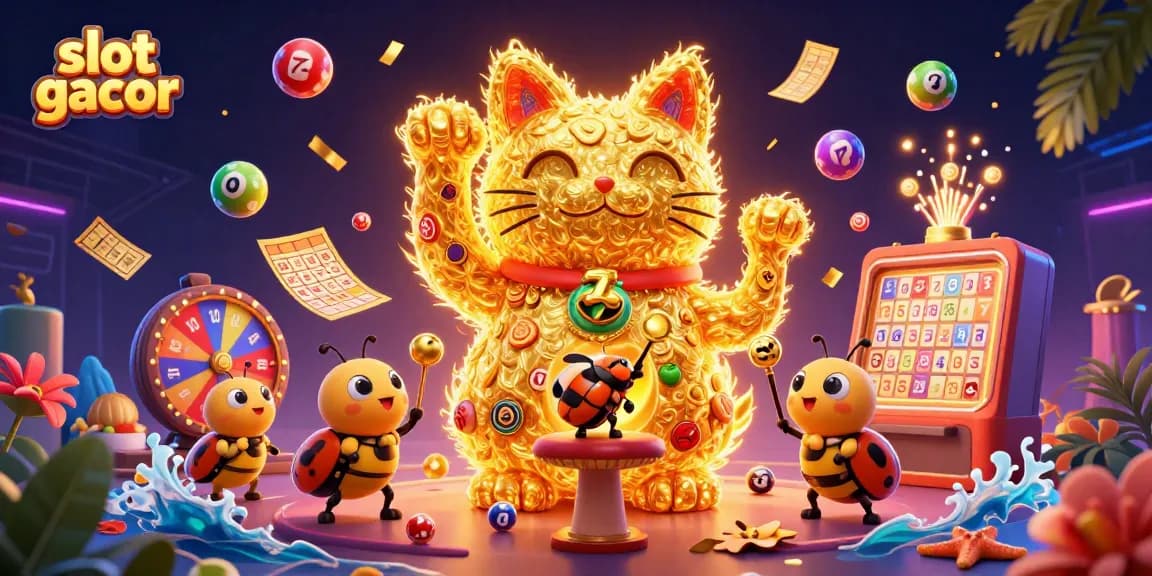 Experience the thrill of slot gacor with a dynamic scene featuring vibrant lottery elements and a lucky cat.