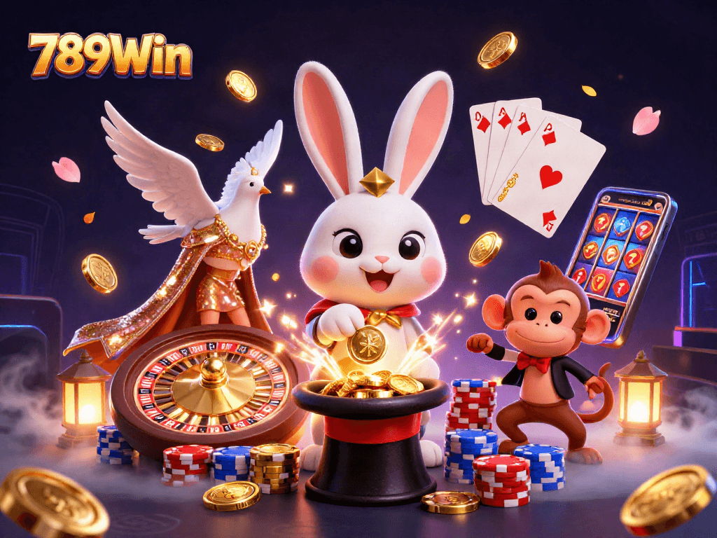 Experience the magic at 789Win with a cartoon magician, coins, and poker chips.