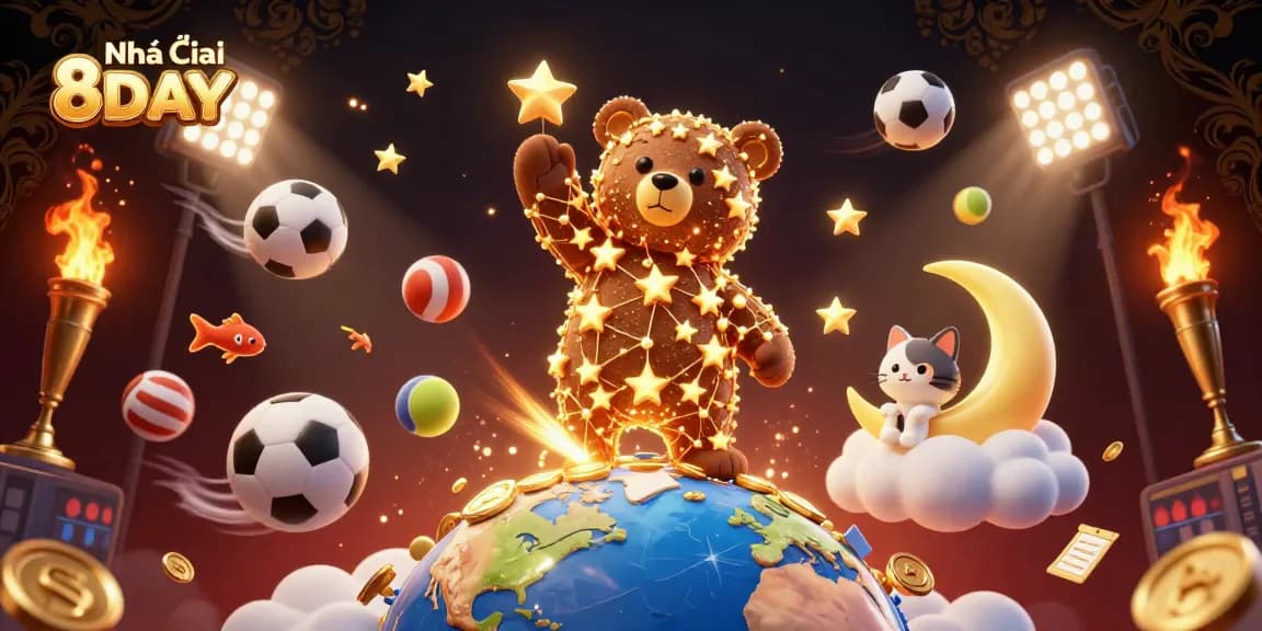 Engage with Nhà cái 8DAY in an exciting casino atmosphere featuring vibrant golden stars, sports elements, and dynamic gameplay.