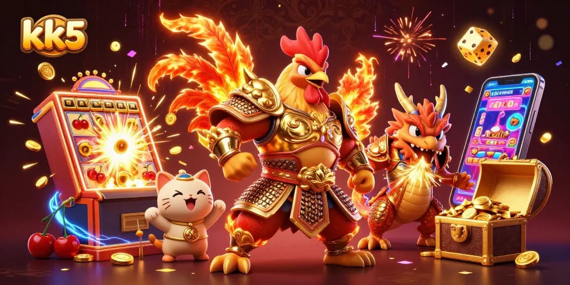 Enjoy thrilling games at kk5 with a vibrant 3D cartoon illustration featuring a warrior rooster and jackpot excitement.