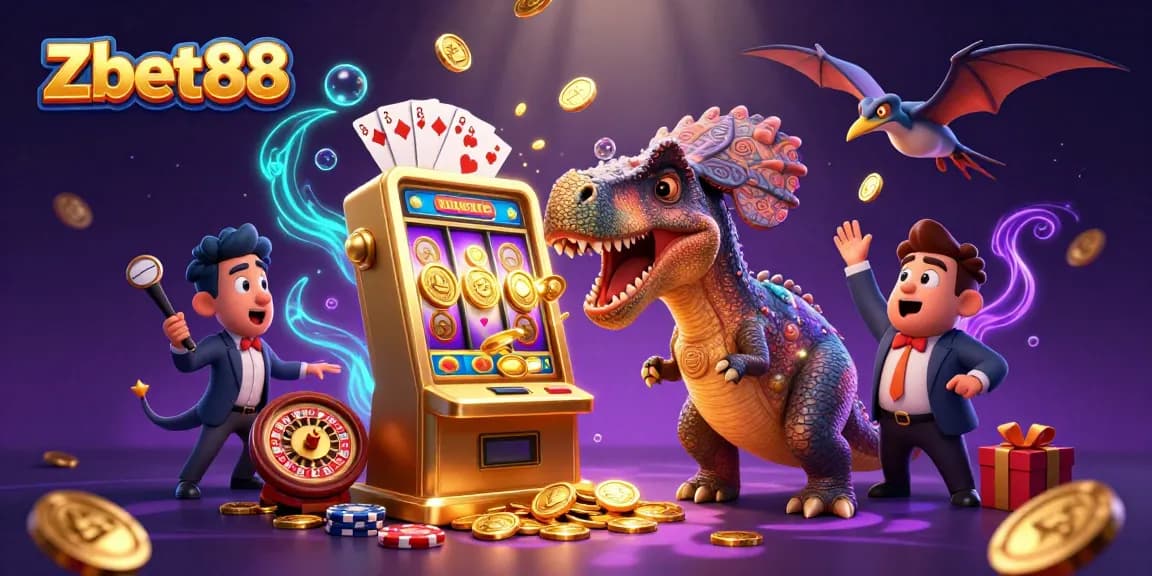Experience the action at Zbet88 where a pachycephalosaurus hits the slot machine jackpot amid flying coins.