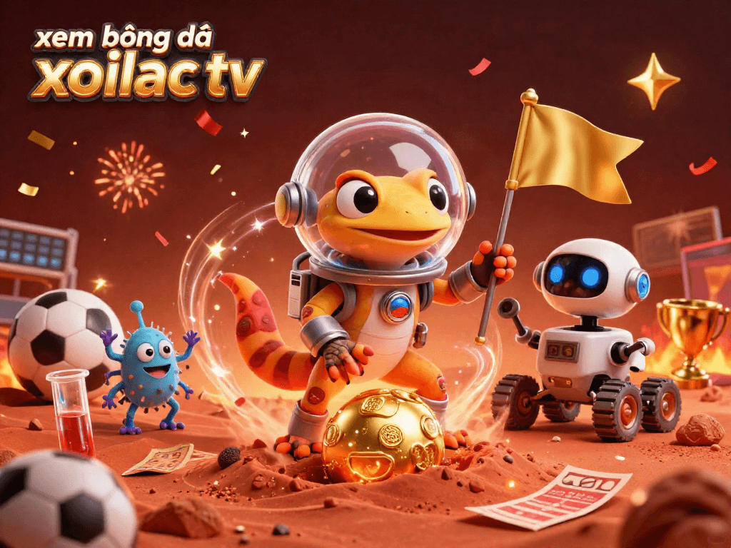 xem bóng đá xoilac tv showcases a Martian gecko in a casino surrounded by sports betting elements and vibrant confetti.