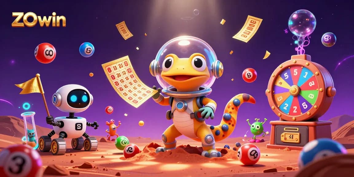 Engage with the thrilling casino adventure at zo win, featuring colorful lottery elements and excited characters.