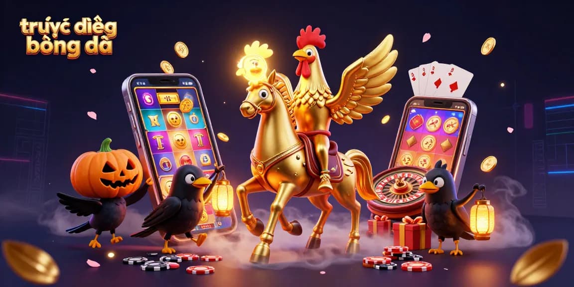 Experience trực tiếp bóng đá with dynamic characters and vibrant casino elements in a 3D illustration.