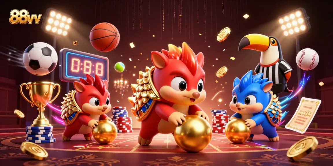Engage in thrilling gaming with 88vv's dynamic casino scene featuring rival pangolins and sports excitement.