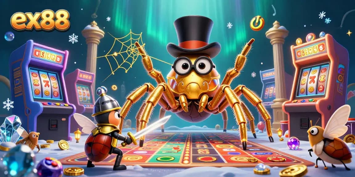 Engage in thrilling gaming adventures with ex88, featuring a golden tarantula, beetle knight, and vibrant arcade games.