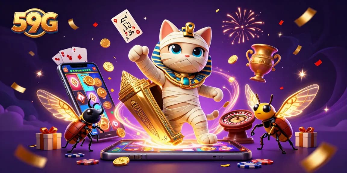 Engage with the vibrant excitement of 59G, featuring a dynamic scene with a mummy cat and gaming elements.