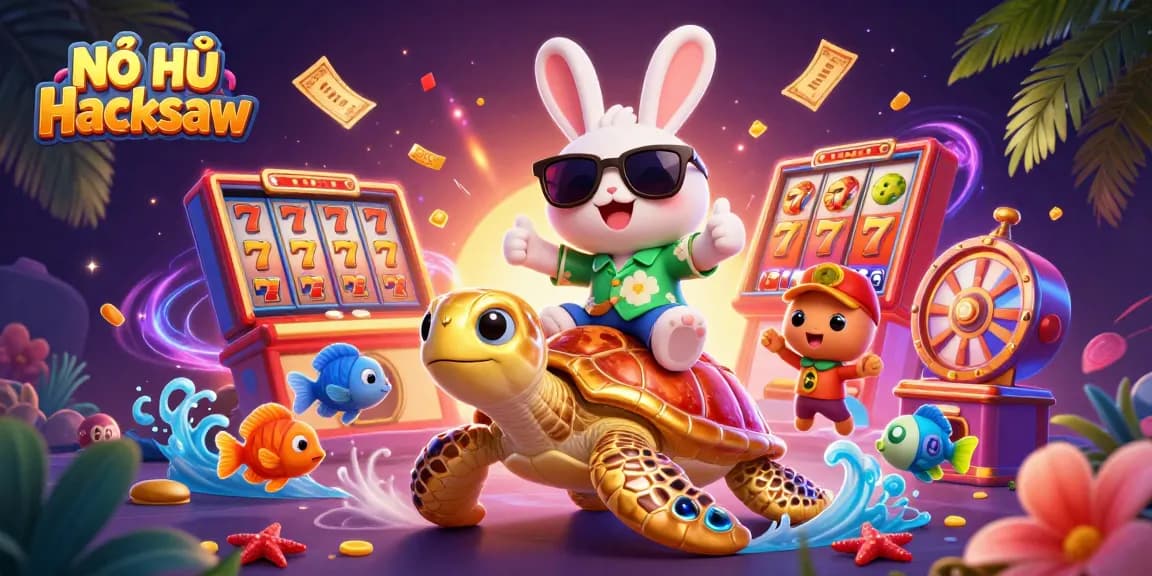 NỔ HŨ Hacksaw slot game illustration with vibrant characters and dynamic gaming elements.