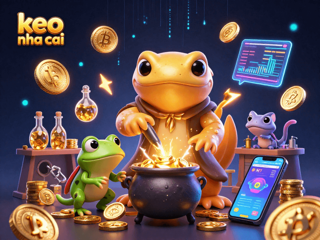 Bet on keo nha cai with the magical alchemist and frog preparing golden coins.