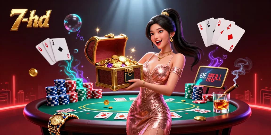 Experience the excitement of gambling at 7-hd with vibrant casino elements and a joyful treasure reveal.