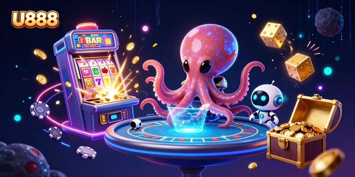 Experience thrilling gameplay at U888, where a 3D alien octopus operates a poker table amidst vibrant casino elements.
