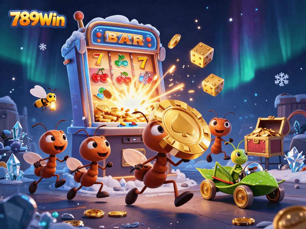 Join the fun at 789Win as cartoon ants steal a giant poker chip in a vibrant casino scene!