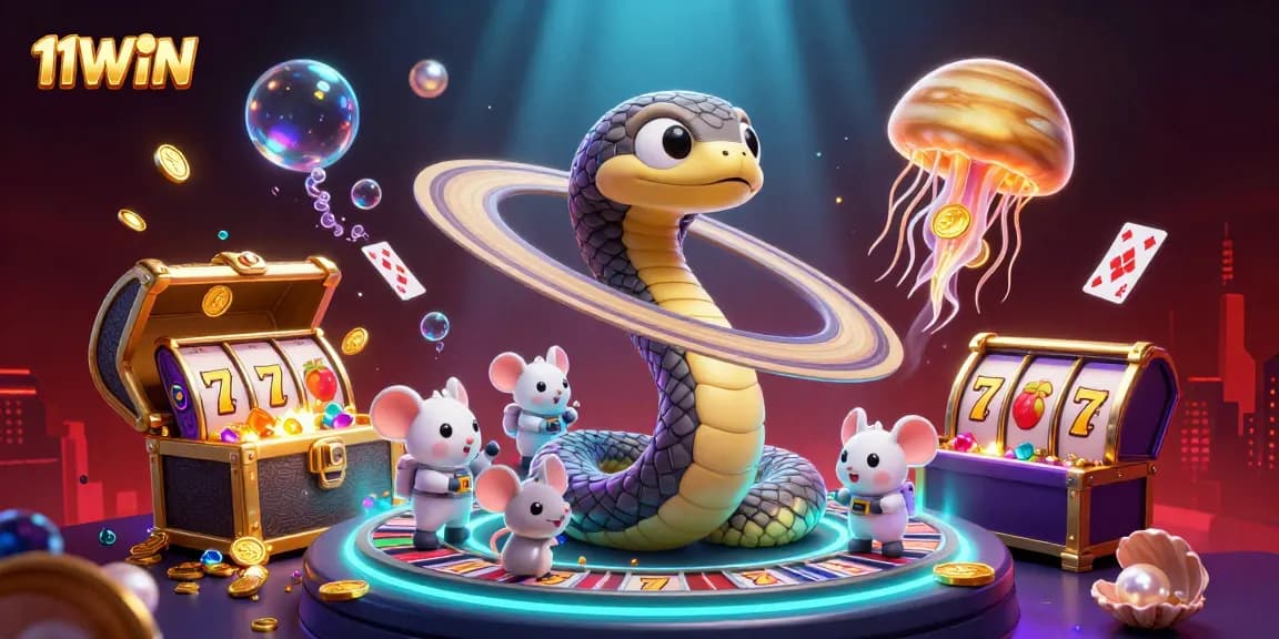Engage in thrilling bets with 11WIN in a vibrant cosmic casino scene filled with lucky symbols and treasure.