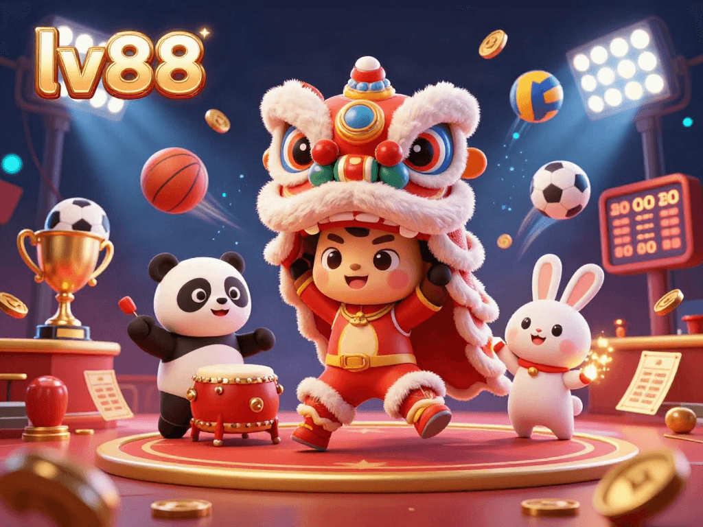 Experience the vibrant energy of lv88 casino with dynamic characters performing a lion dance amidst lively sports elements.