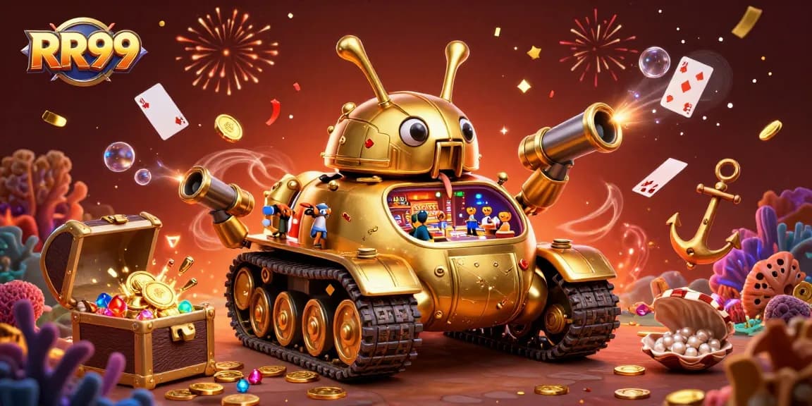 Experience the thrilling RR99 casino in action with cannon confetti, gold coins, and playful gaming elements.