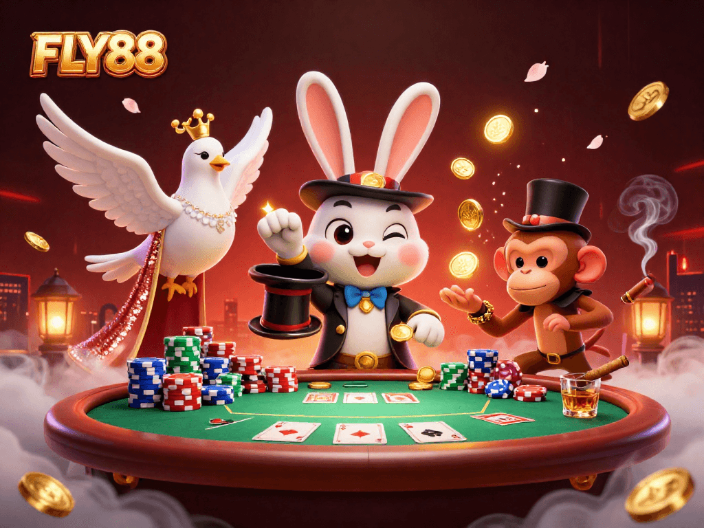FLY88 magician rabbit conjures coins at a vibrant poker table with playful characters.