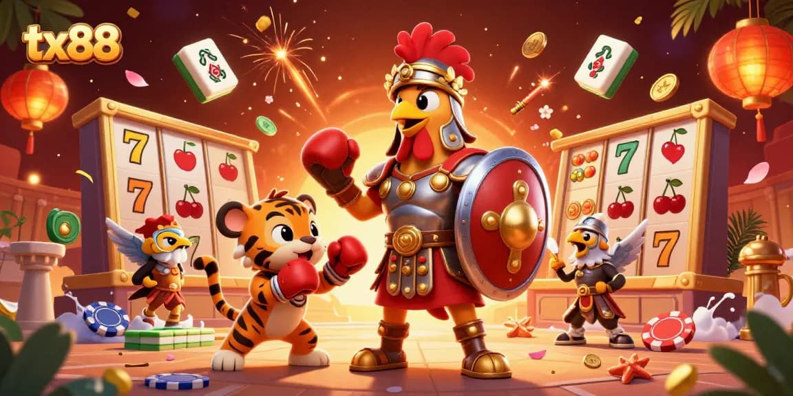 Experience thrilling moments at tx88 with a captivating 3D rooster gladiator in a vibrant casino scene.