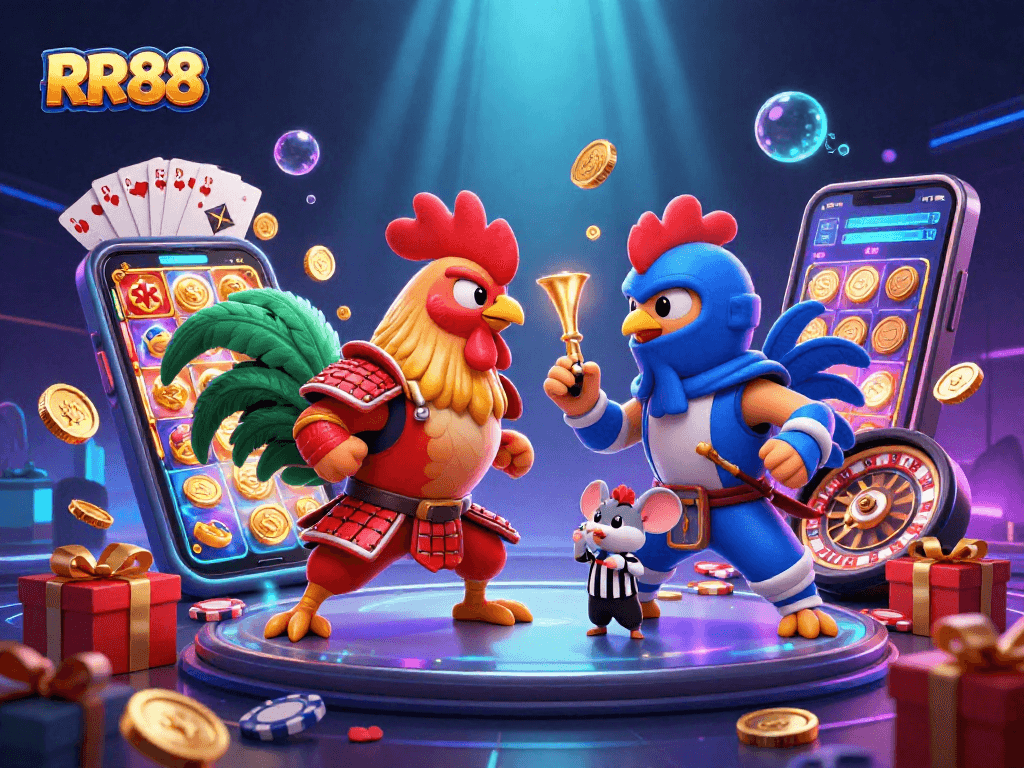 Engage in thrilling battles with RR88's vibrant 3D cockfight scene featuring dynamic gaming elements.