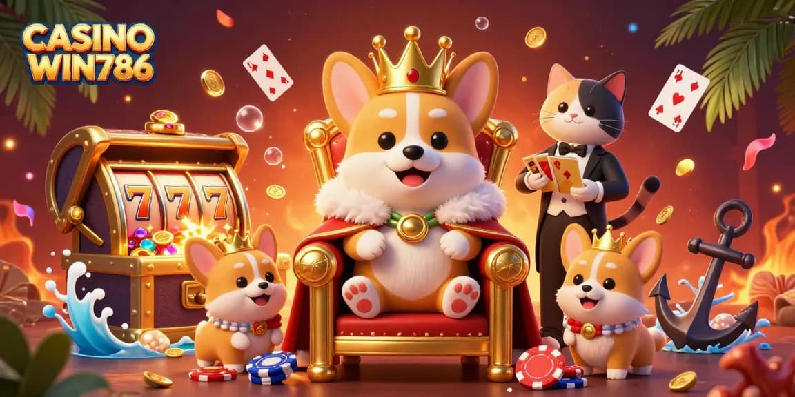 Play and win at CASINO WIN786 with an exciting 3D illustration featuring vibrant casino elements.