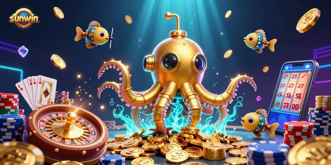 Experience sunwin with a vibrant scene of a golden kraken and casino elements, showcasing winning potential.