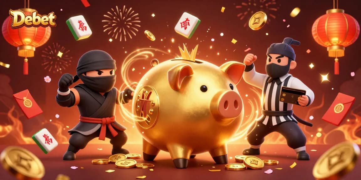 Experience exciting gaming moments with Debet's vibrant 3D casino illustration featuring dynamic characters.