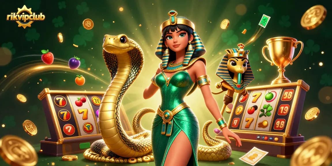 Win big at rikvipclub with this illustrated casino scene featuring vibrant slot symbols and dynamic game elements.