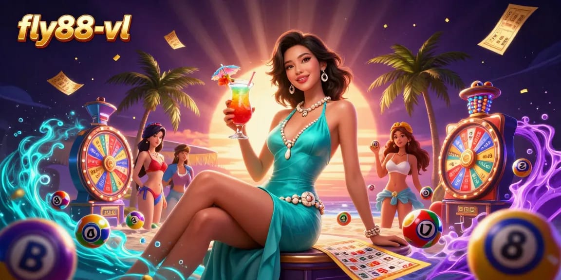 Engage with the exciting fly88-vl gaming scene featuring vibrant lottery elements and tropical atmosphere.