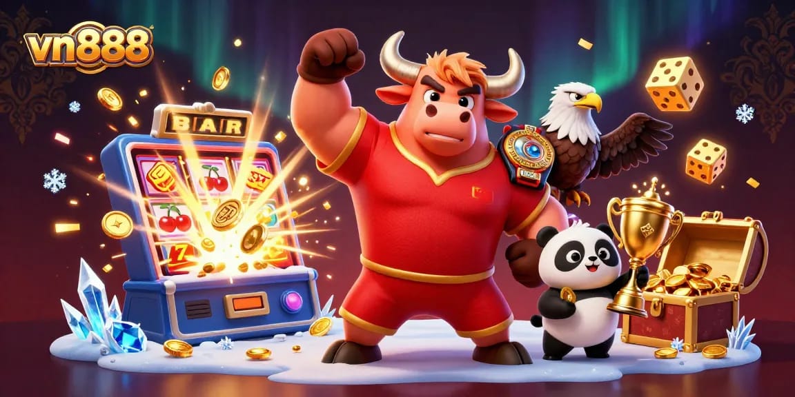Experience thrilling wins with vn888, featuring a vibrant casino scene with engaging characters and gaming elements.