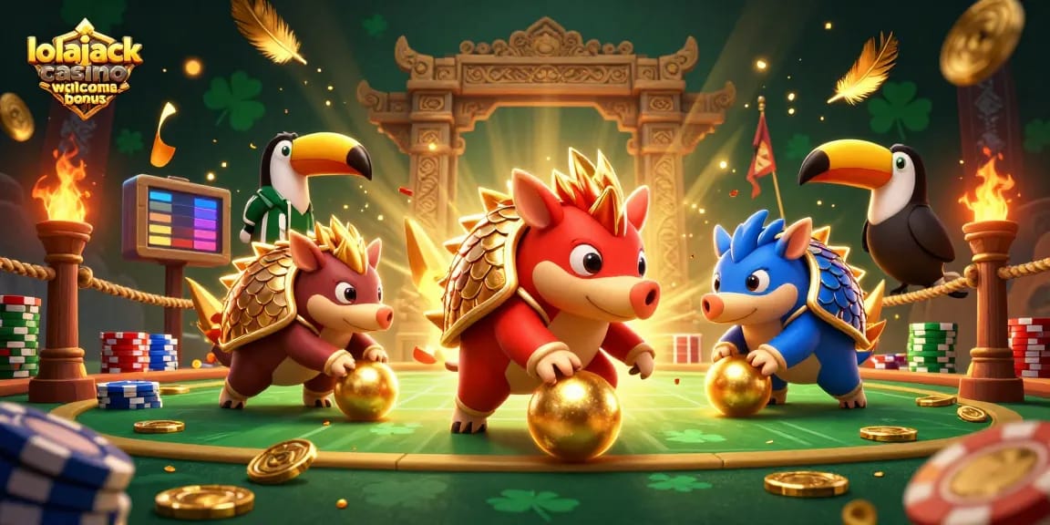 Experience the excitement of lolajack casino welcome bonus with dynamic casino-themed 3D illustration.