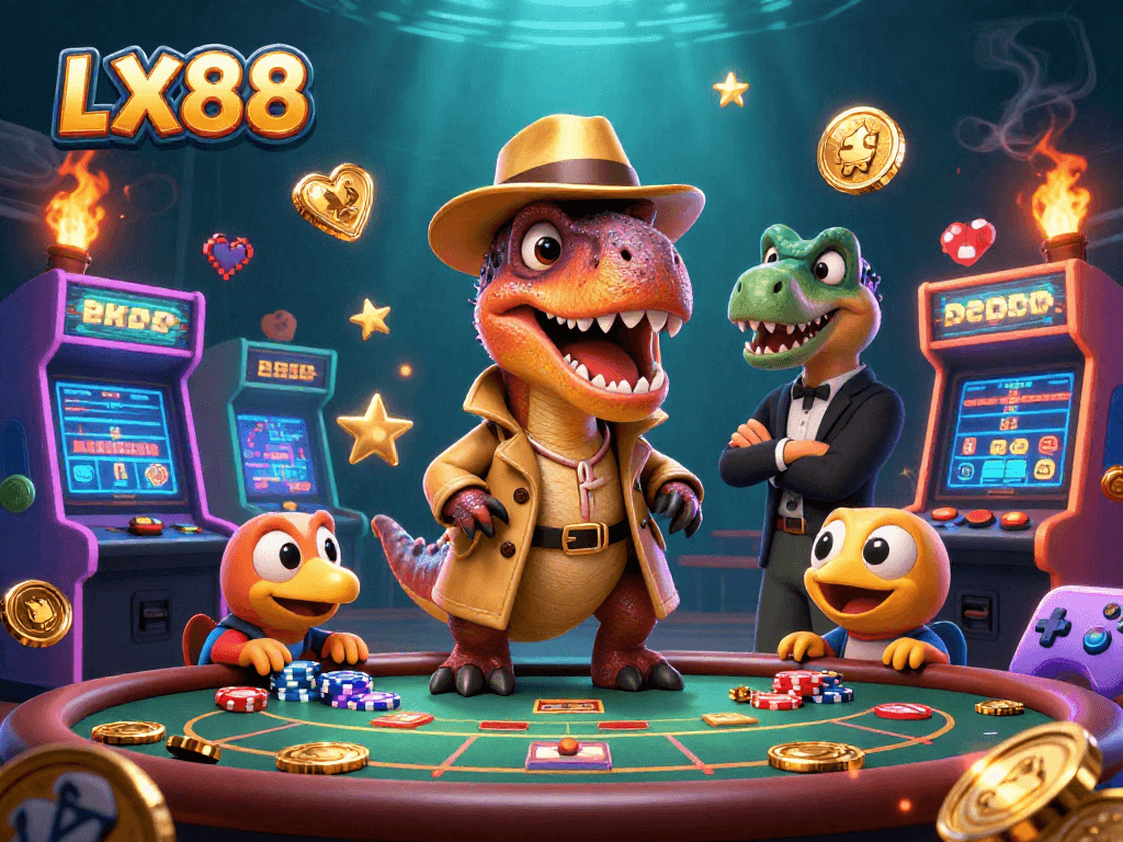 Experience the thrill of LX88 casino with a rich scene of gaming characters amidst dynamic action.
