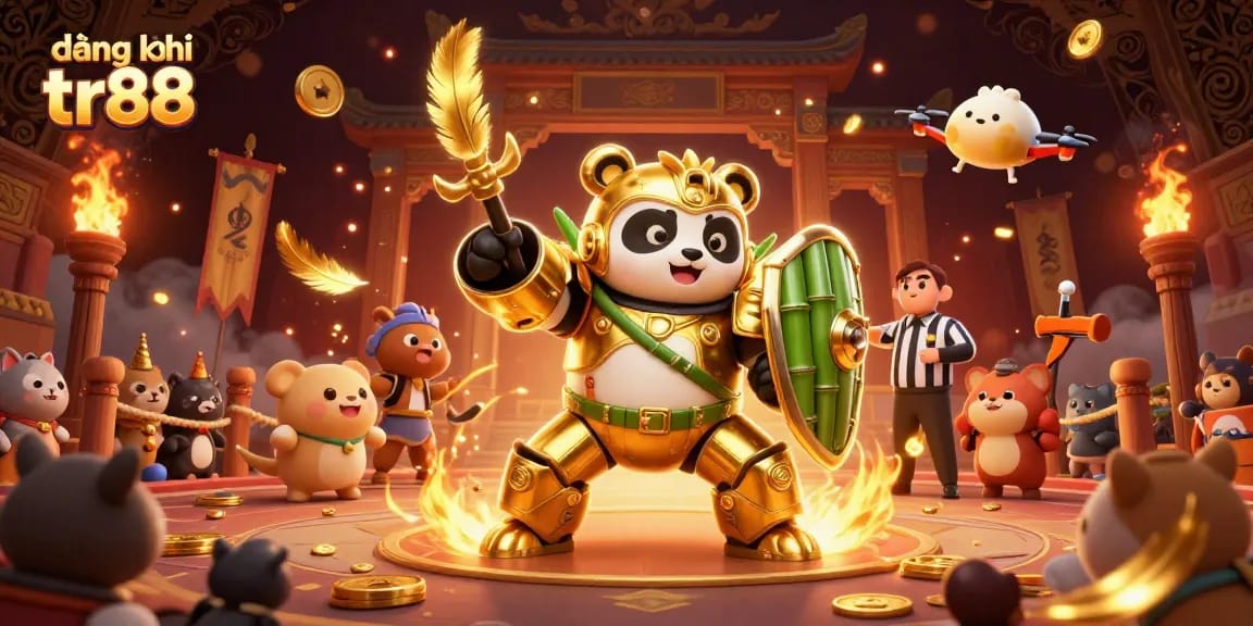 Join the action in đăng ký tr88 as a golden panda battles in a vibrant gaming arena.