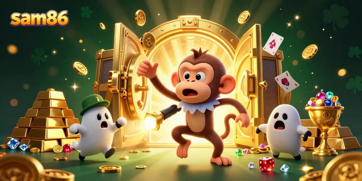 Sam86 showcases a vibrant casino scene with a mischievous monkey and a curious puppy, enhancing the thrill of gambling.