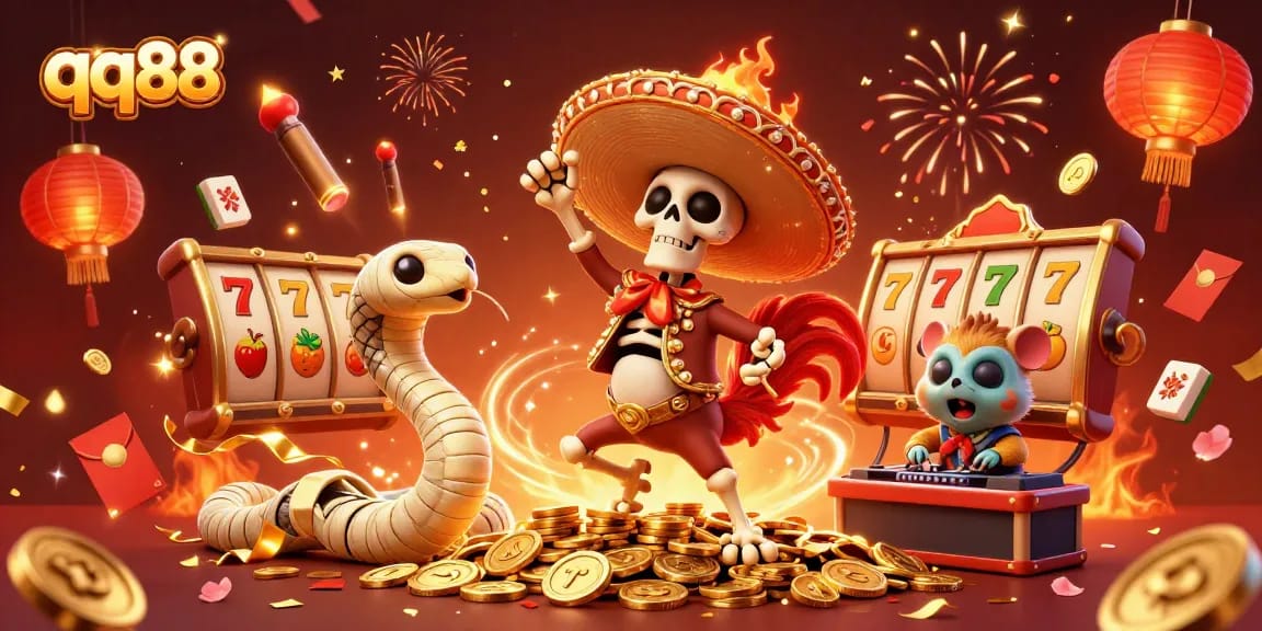 Experience the excitement at qq88 with our vibrant casino illustration featuring dynamic characters and iconic gaming elements.