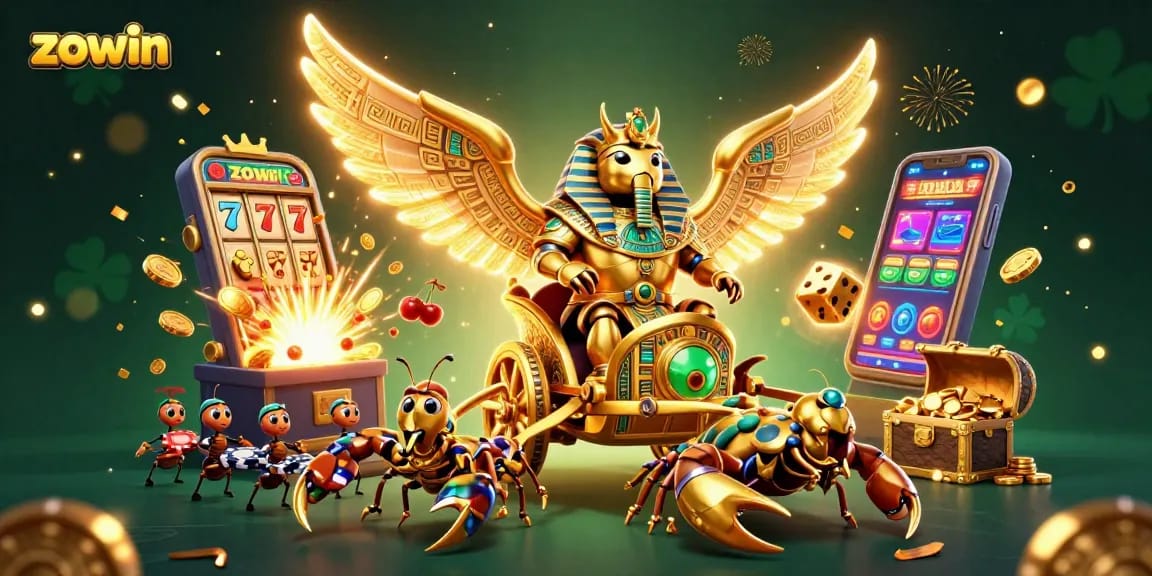 Spin the reels with zowin's vibrant casino scene featuring gold, scorpions, and jackpots!