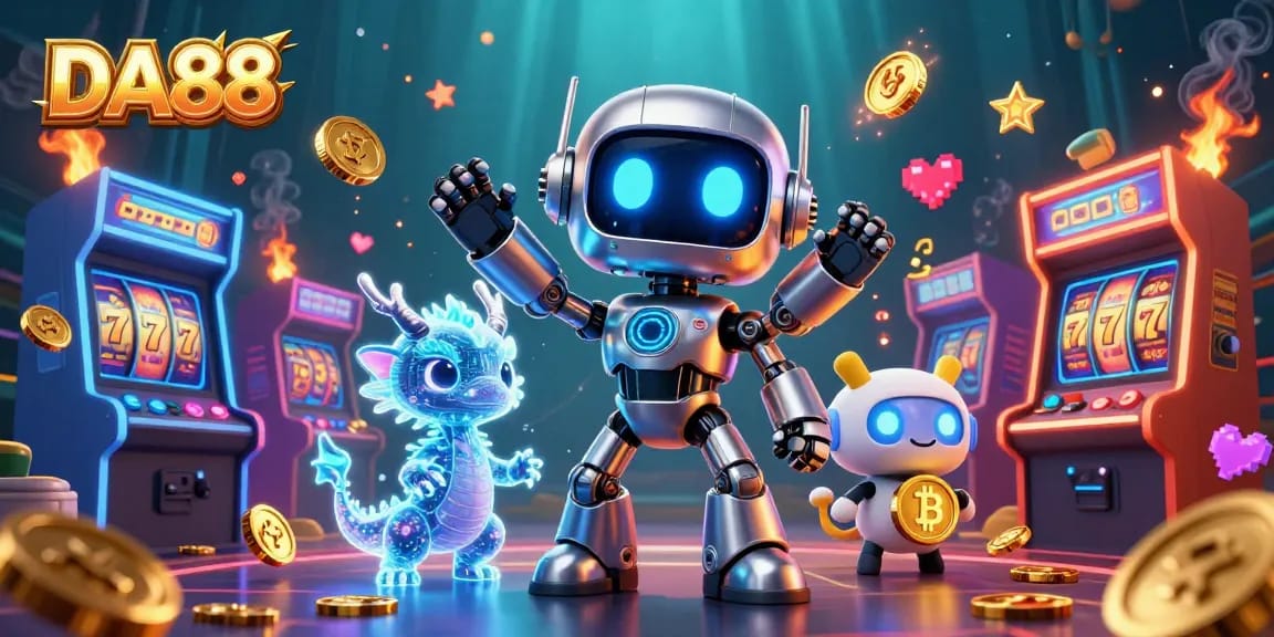 Experience thrilling slots with DA88's cyberpunk robot mascot in a vibrant casino setting.