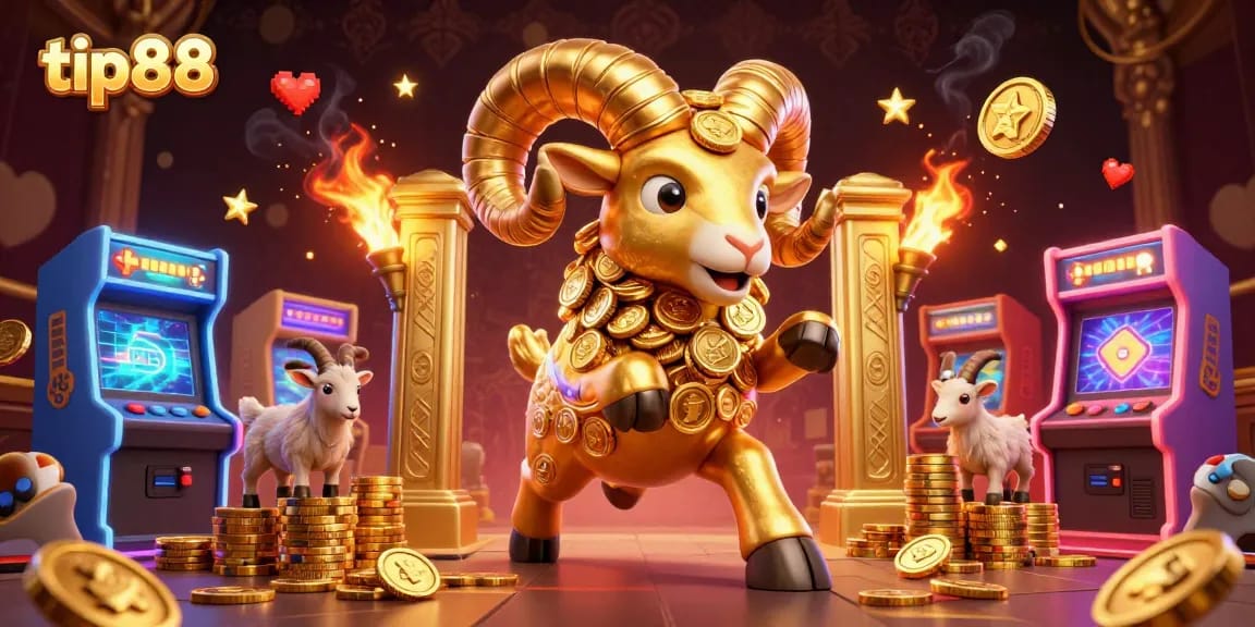 Experience thrilling action at tip88 with a dynamic scene of a golden ram charging through a casino of games.