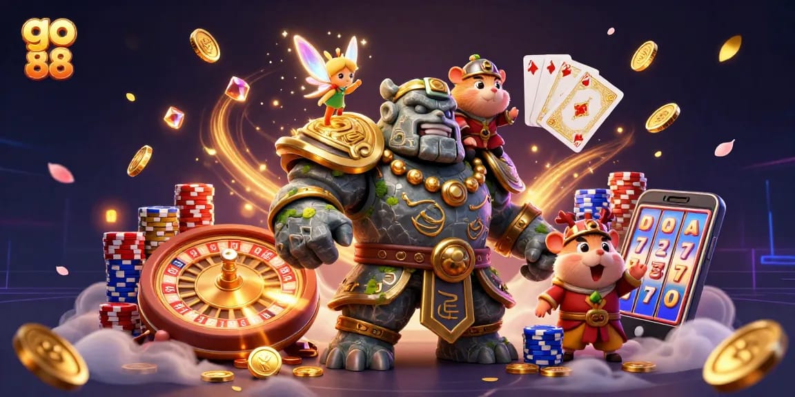 Engage with go 88 as the ancient stone golem guardian and tiny fairy create magic in a vibrant casino scene.