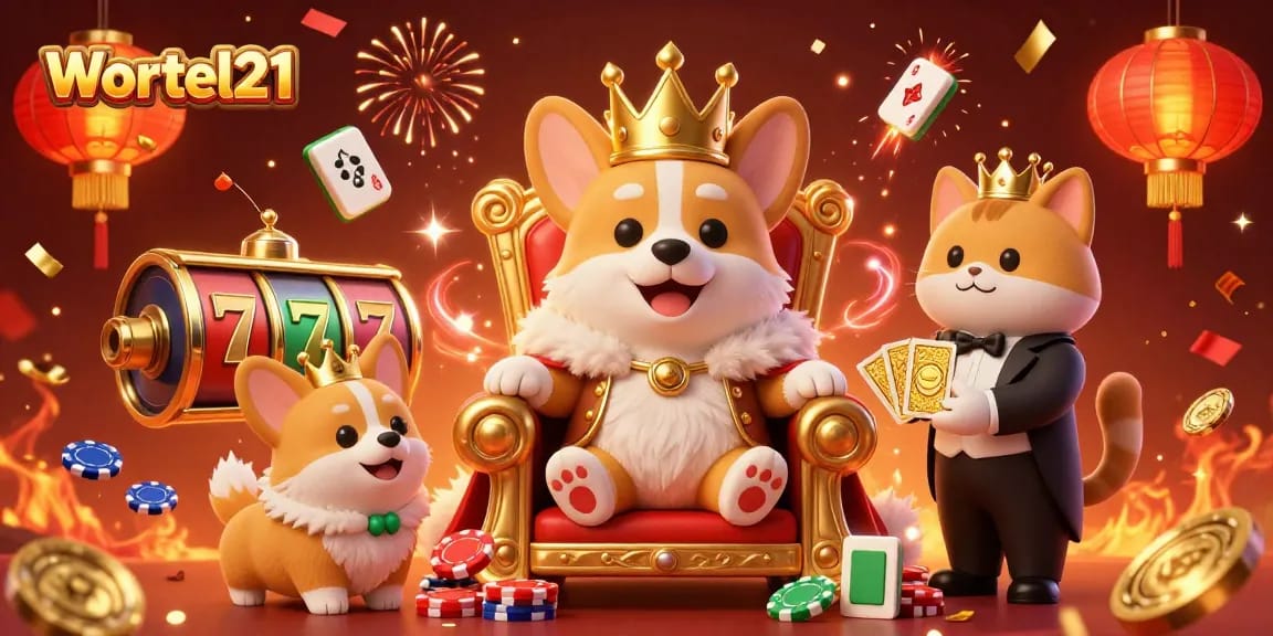 Engage with Wortel21 in an exciting casino scene featuring a royal corgi and slot game elements.