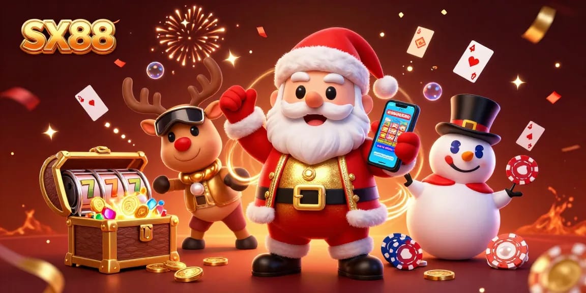 SX88 celebrates gaming with Santa, reindeer, and snowman in a vibrant casino atmosphere