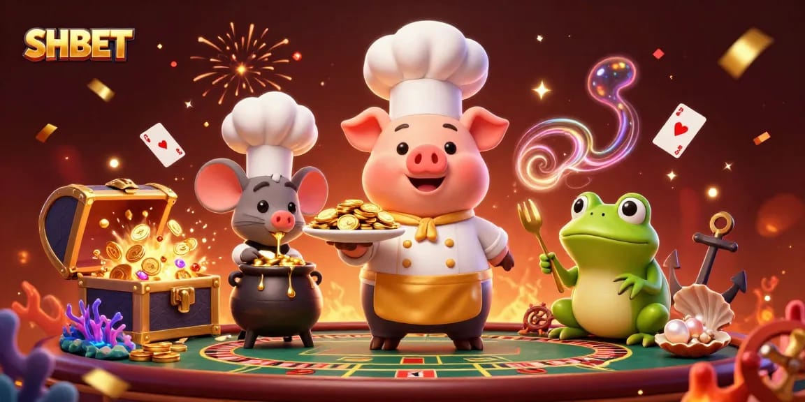 SHBET players celebrating with a chef pig, gourmet gold coins, and live casino elements.