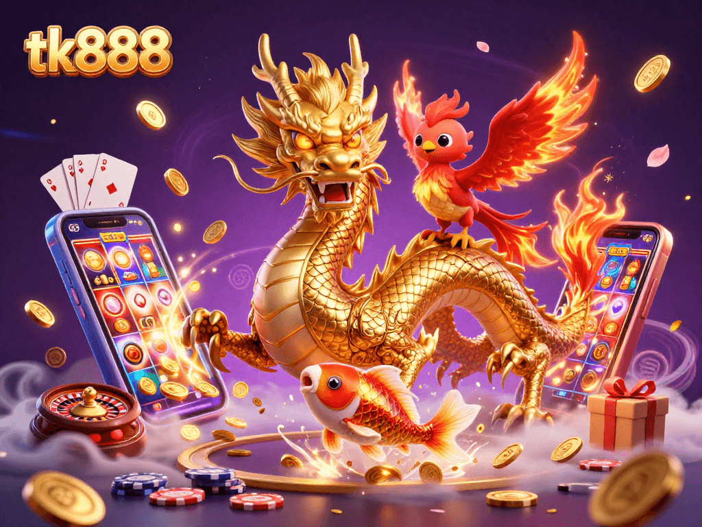 Engage in the thrills of tk888 with vibrant casino action featuring a dragon and phoenix.