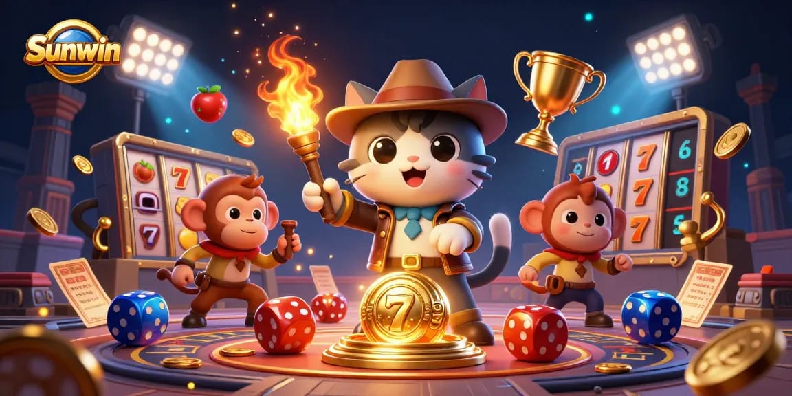 Spin to win at Sunwin with an explorer cat discovering treasure amidst dynamic casino elements.