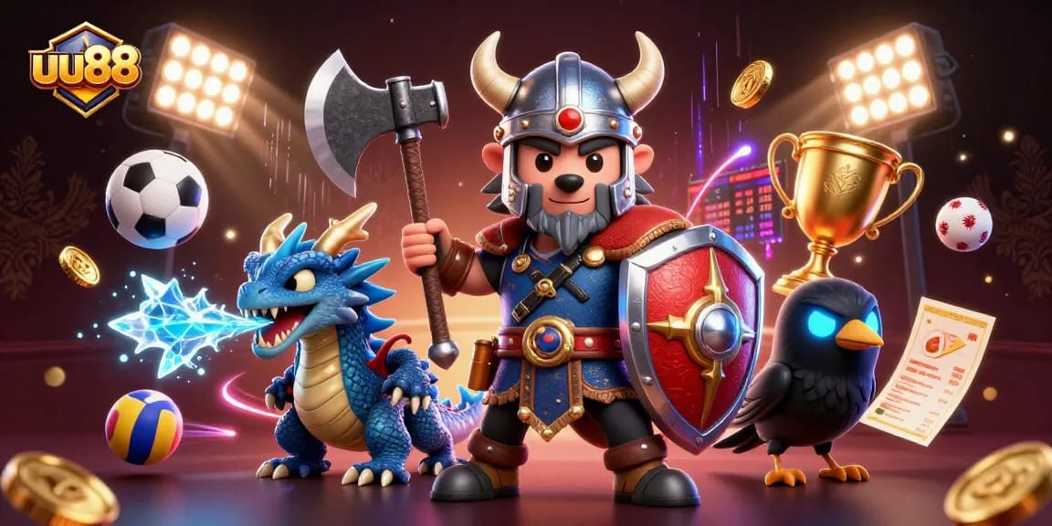 uu88 players celebrating wins with Viking warrior and dragon amidst dynamic gambling elements
