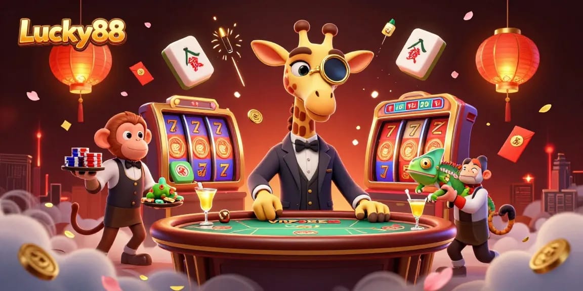 Experience the thrill of Lucky88 with high-roller characters in a vibrant casino scene.